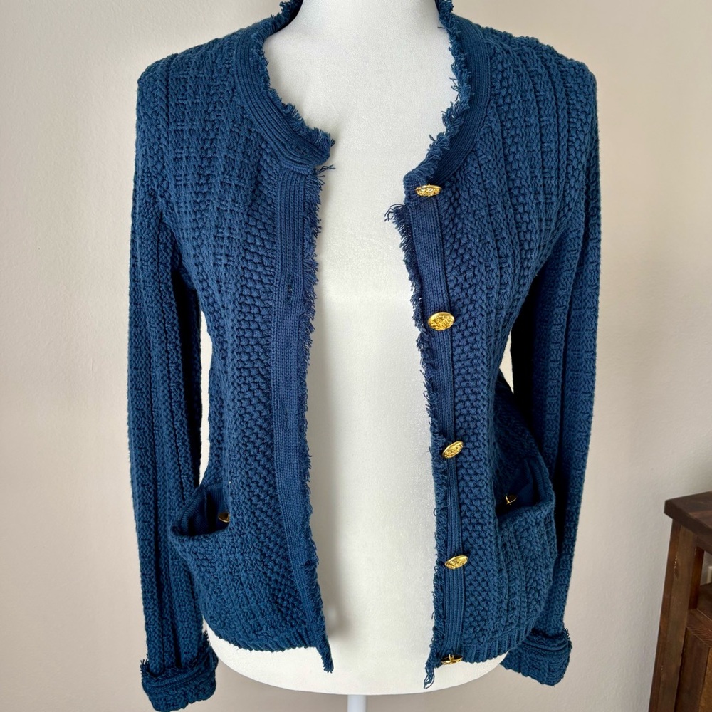 Tahari Blue Textured Knit Cardigan Sweater Gold Buttons NWT